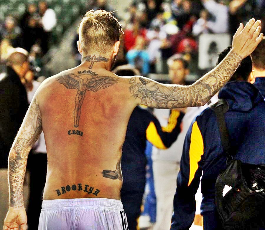 David Beckham's Romeo, Guardian Angel, Cruz tattoos, David Beckham tattoo back