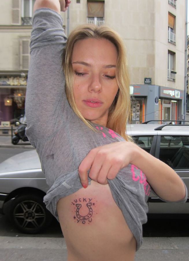 Scarlett Johansson's lucky you tattoo is on her ribcage