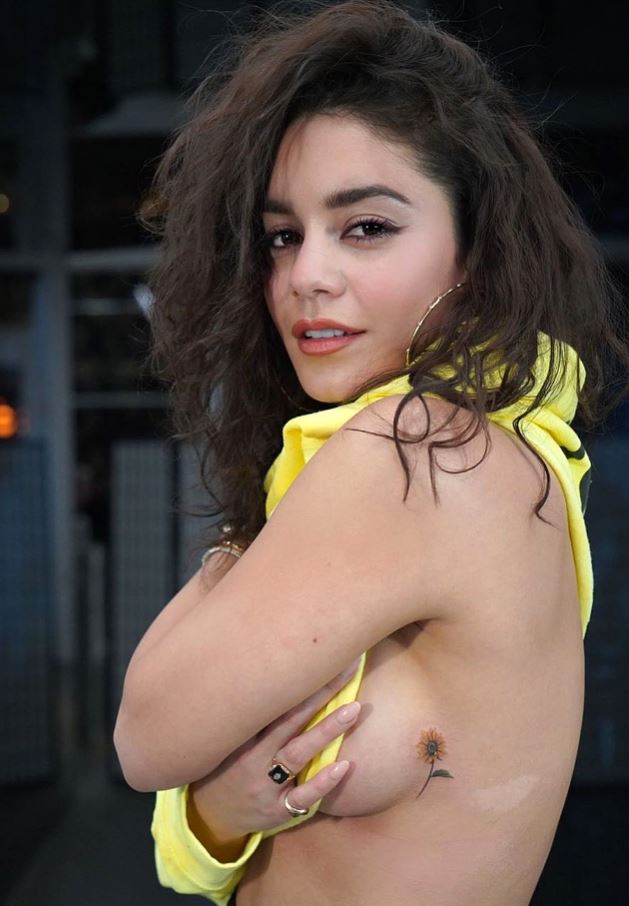 Vanessa Hudgens' sunflower tattoo on the side of her left breast